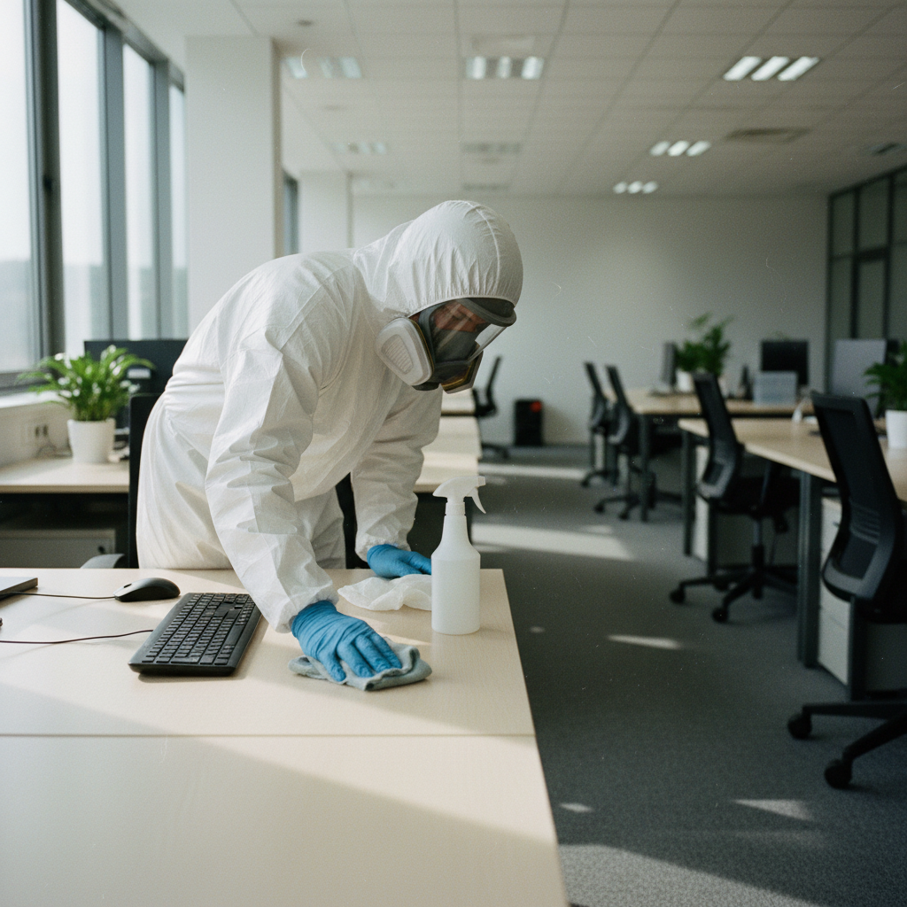 Специалист проводит дезинфекцию офиса